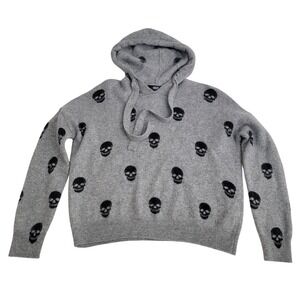 AQUA CASHMERE Grey Skull Print Hoodie Hooded Pullover Sweater XS 100%‎ Cashmere